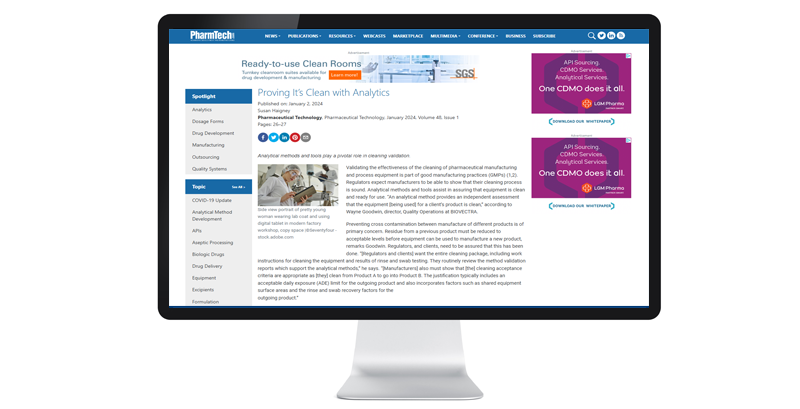 Computer screen displaying an article on pharmaceutical technology with sections for news, publications, and resources. Advertisement banners are visible on the side.