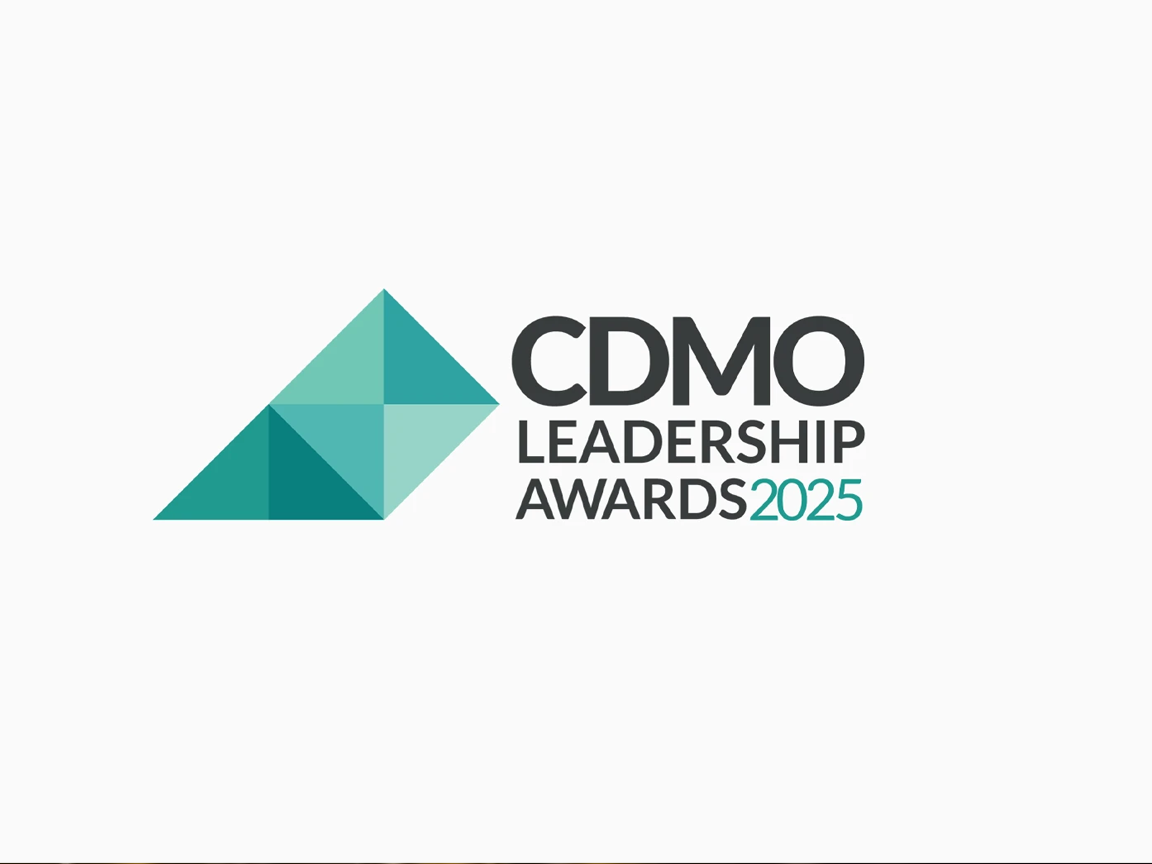 Geometric logo featuring teal triangles beside bold text reading "CDMO Leadership Awards 2025" on a plain white background.